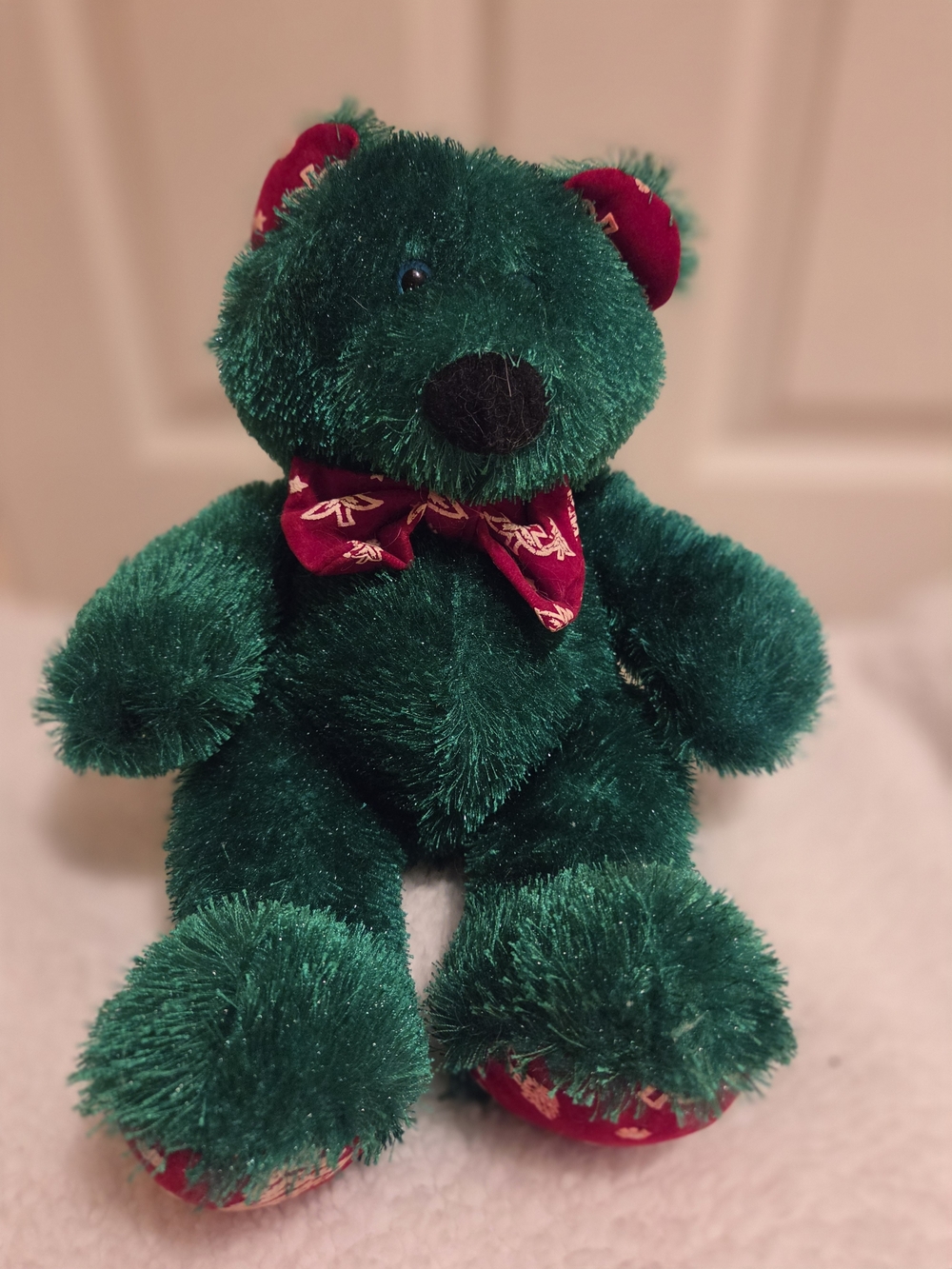Plush Green Teddy Bear with Red Bow - Kids Toy